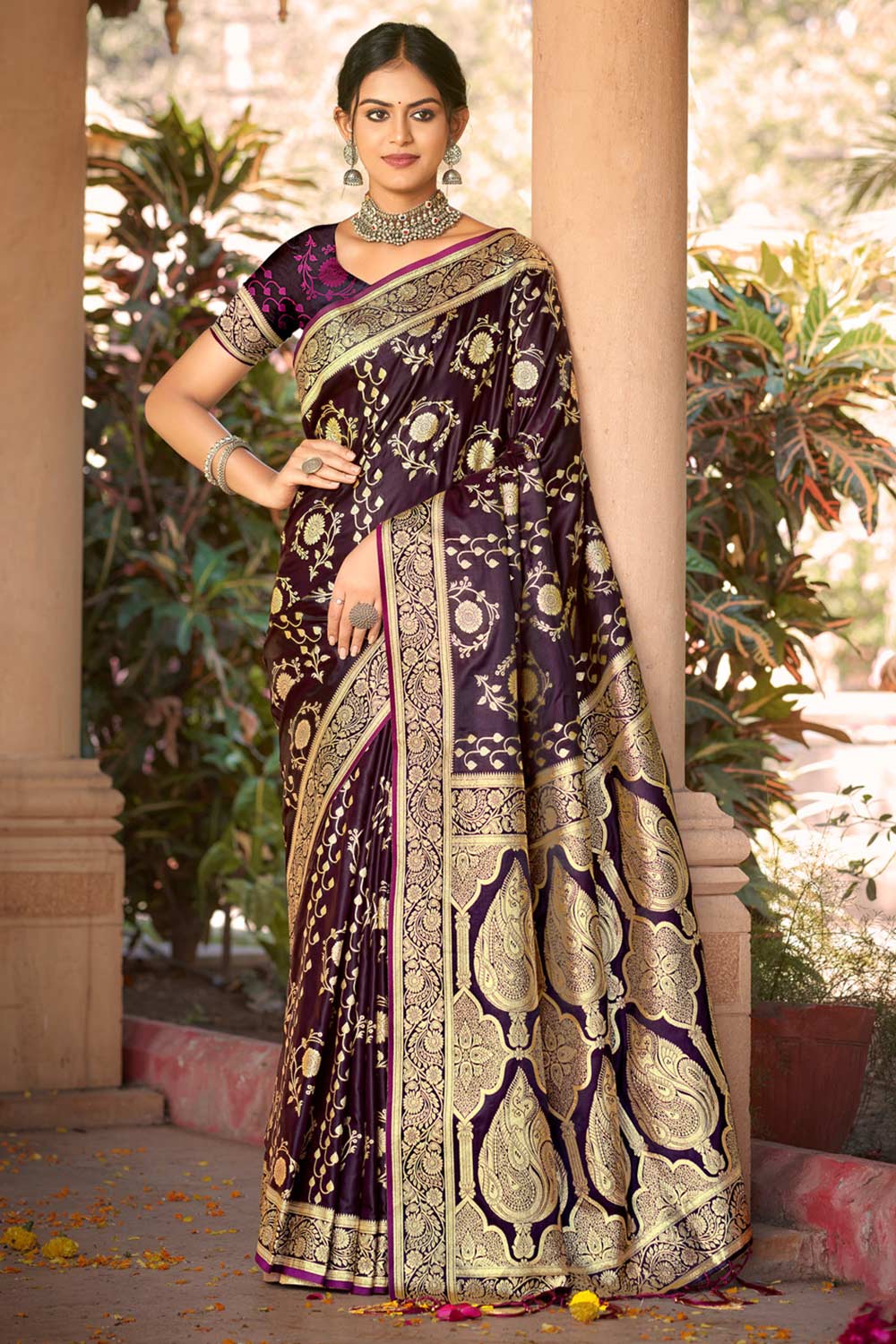 Wine Satin Silk Woven Saree