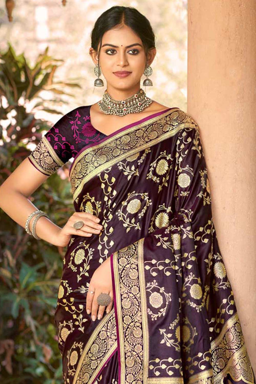 Wine Satin Silk Woven Saree