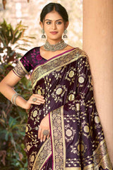 Wine Satin Silk Woven Saree