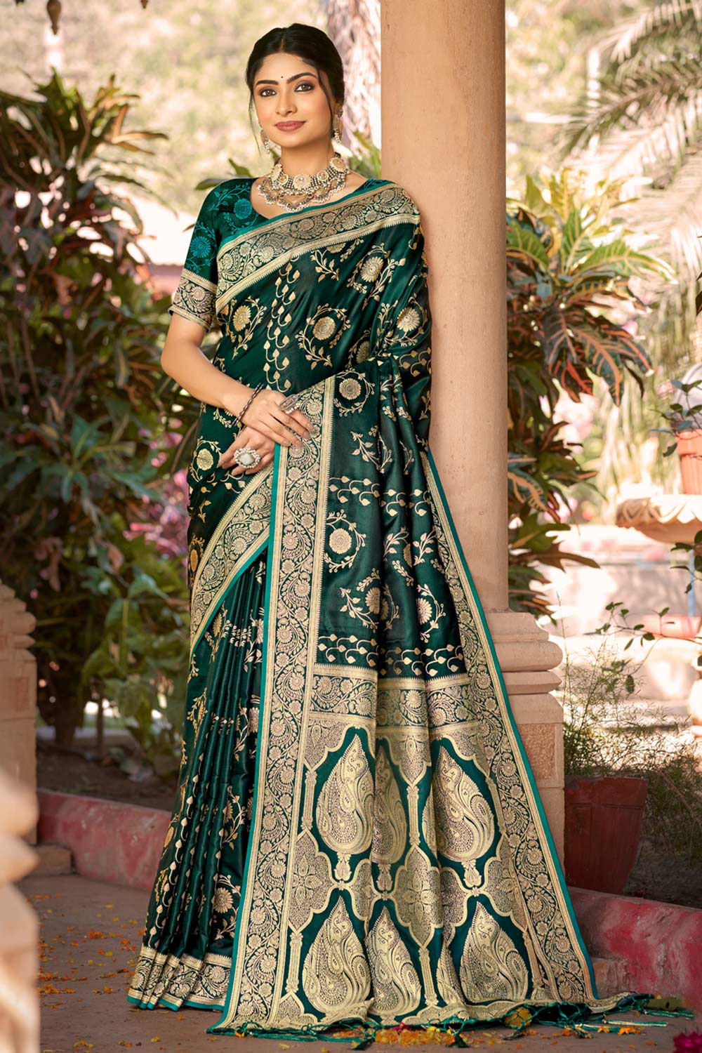 Dark Green Satin Silk Woven Saree