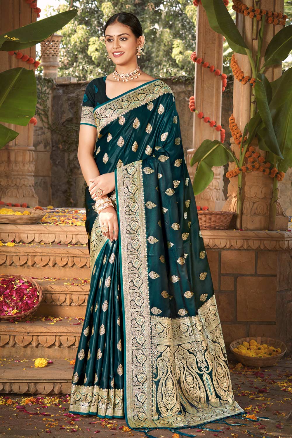 Teal Satin Silk Woven Saree