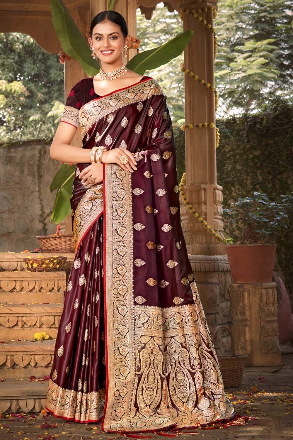 Maroon Satin Silk Woven Saree