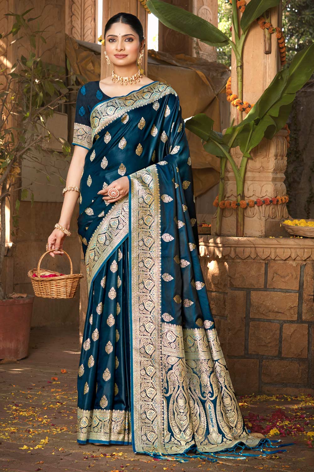 Teal Satin Silk Woven Saree