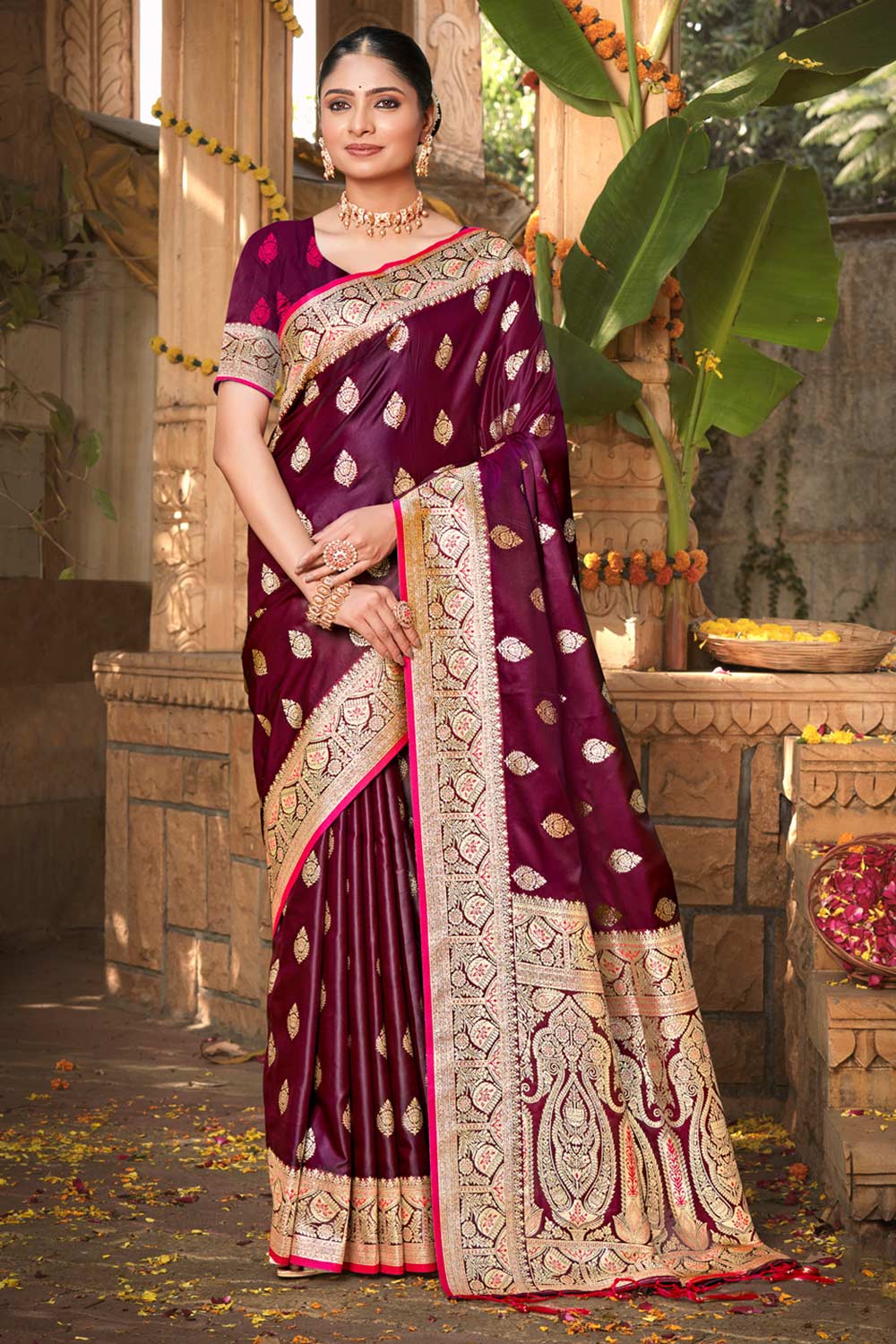 Wine Satin Silk Woven Saree