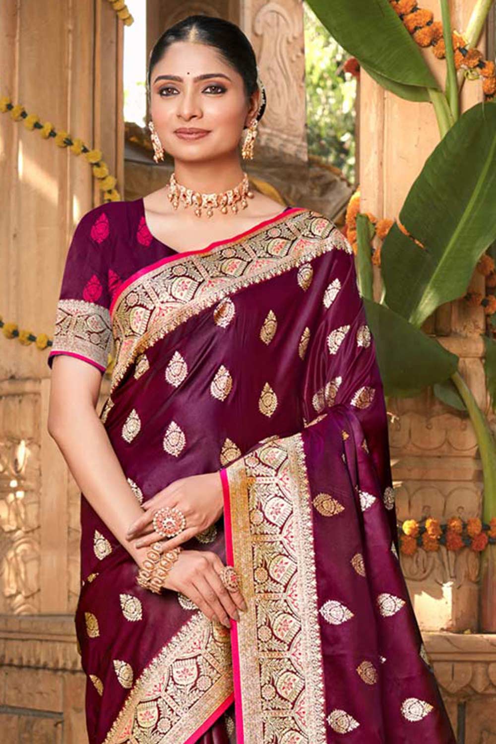 Wine Satin Silk Woven Saree