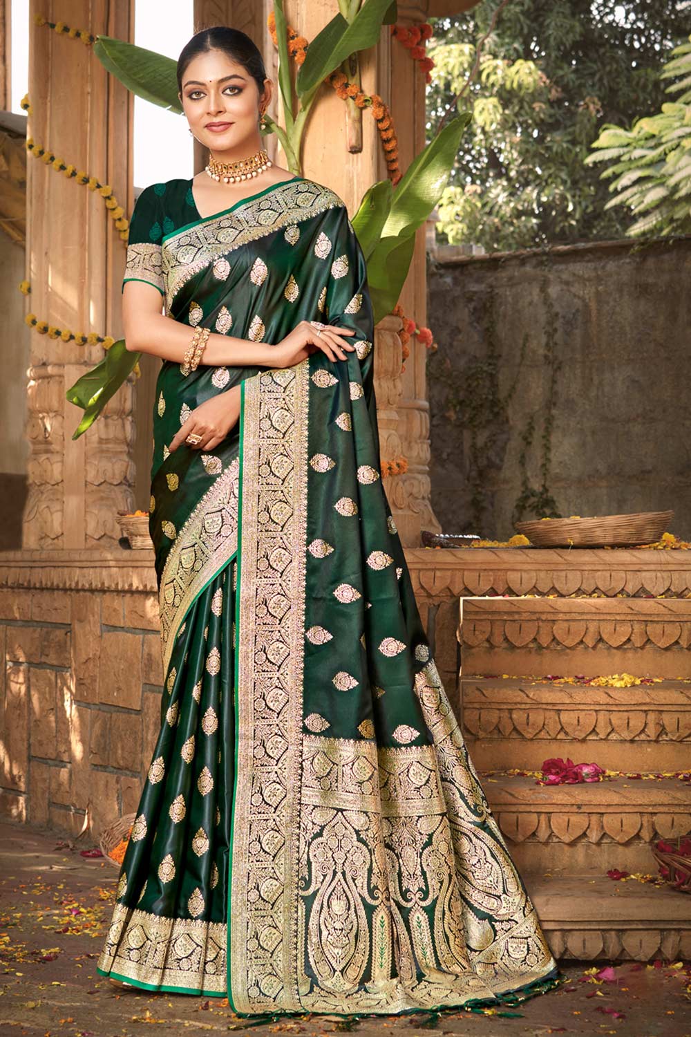 Green Satin Silk Woven Saree