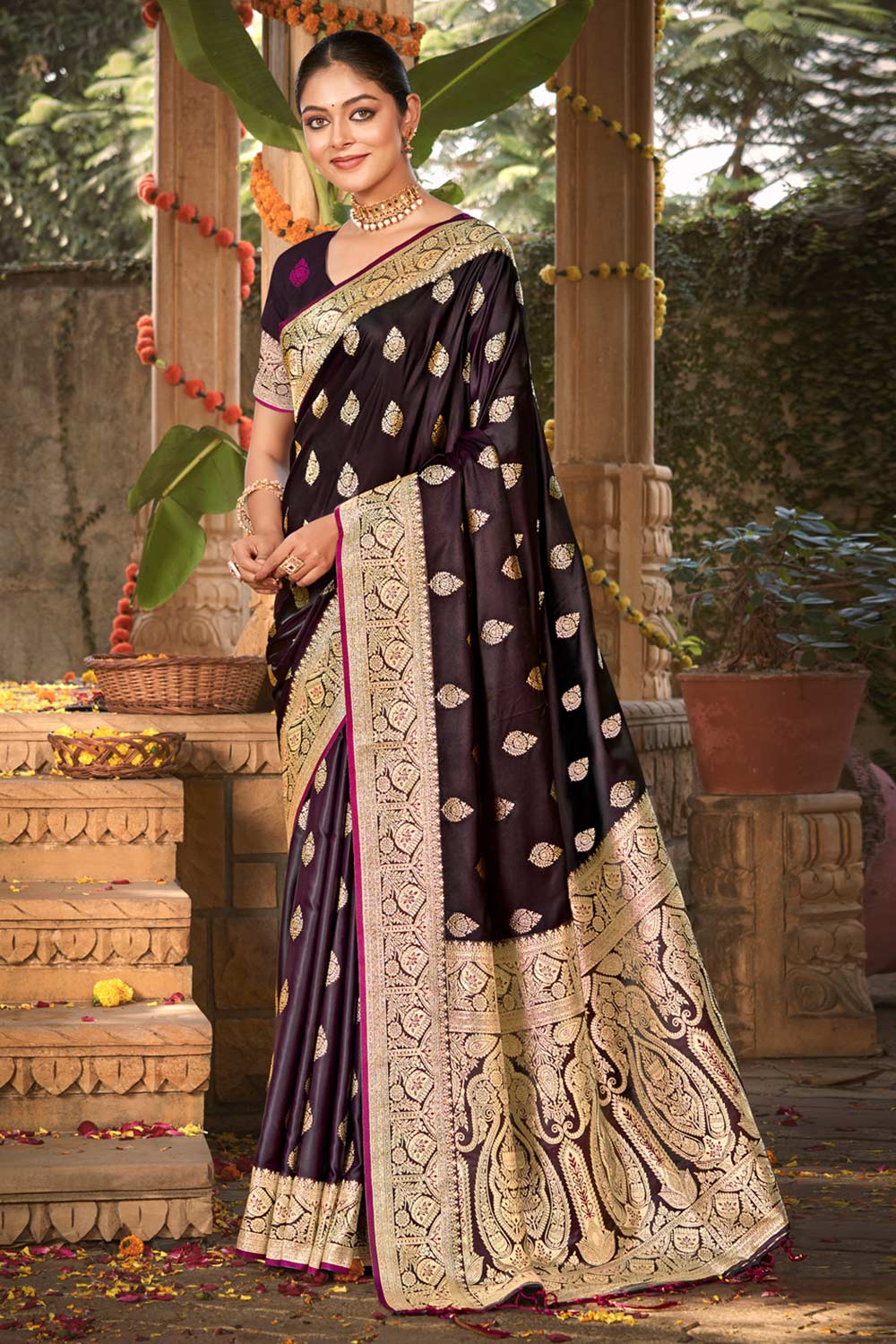 Purple Satin Silk Woven Saree