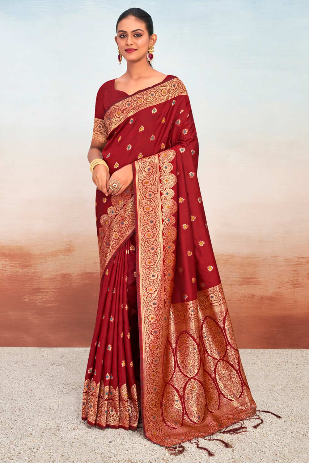 Maroon Silk Woven Saree