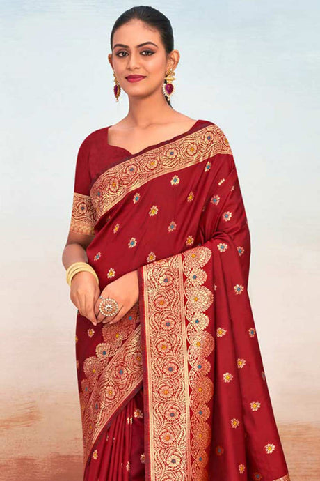 Maroon Silk Woven Saree