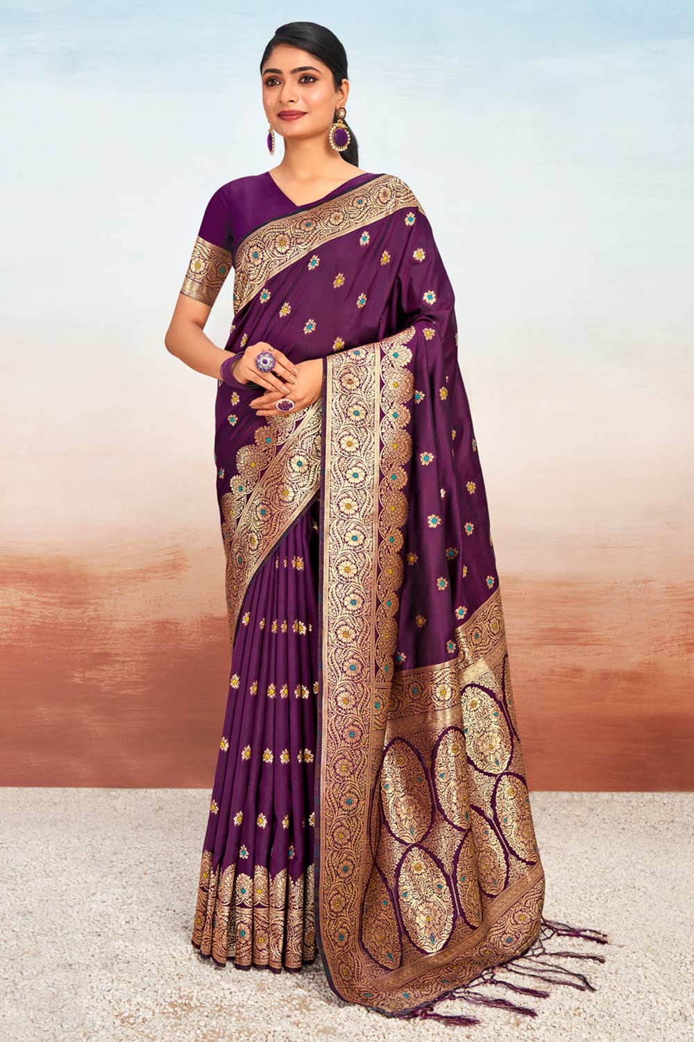 Wine Silk Woven Saree