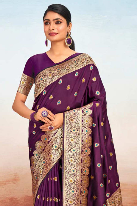 Wine Silk Woven Saree