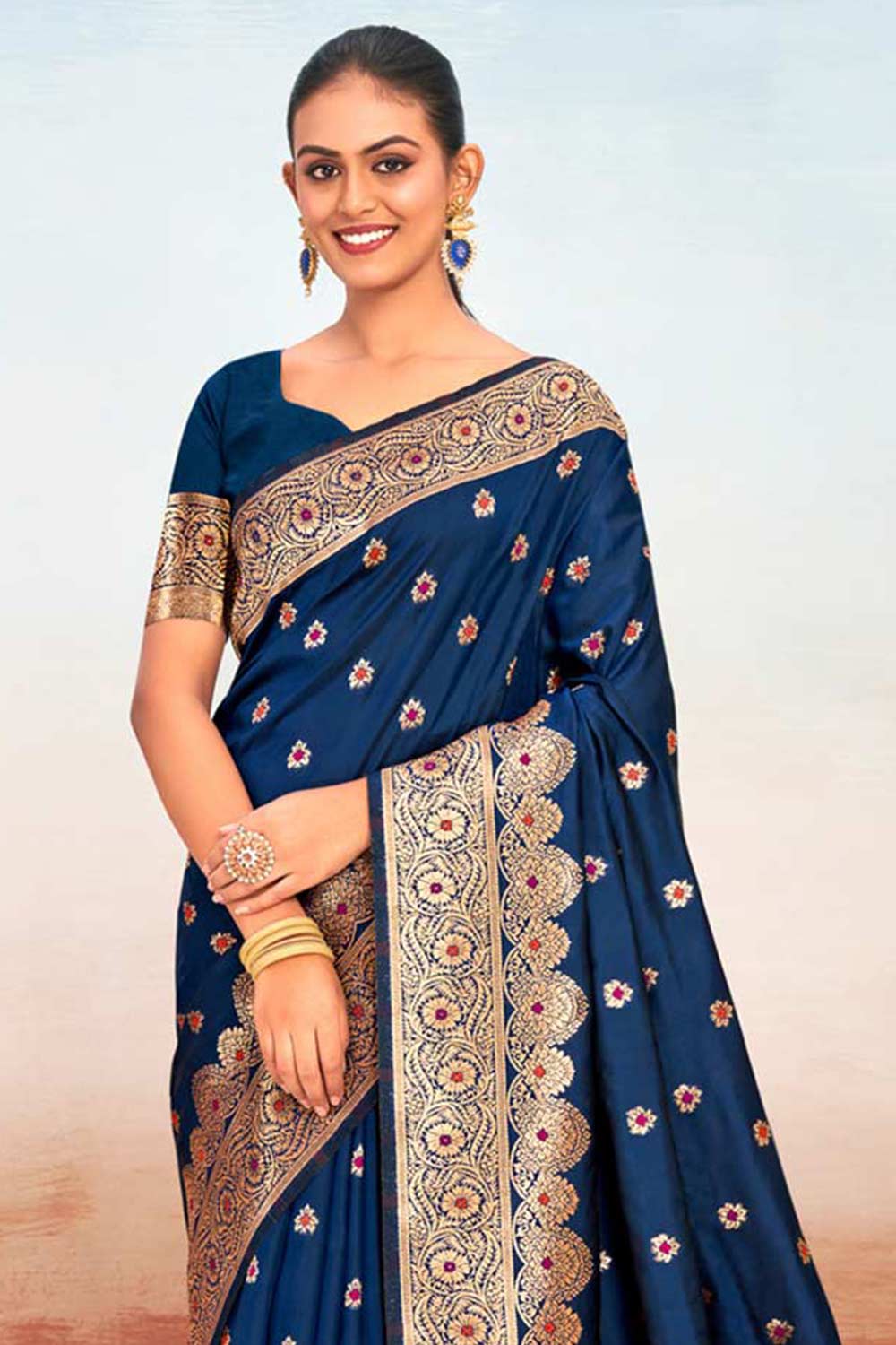 Navy Blue Silk Woven Saree