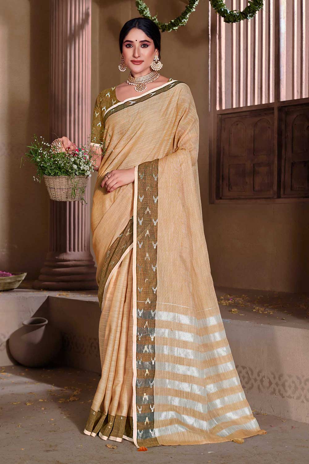 Beige Linen Solid Saree