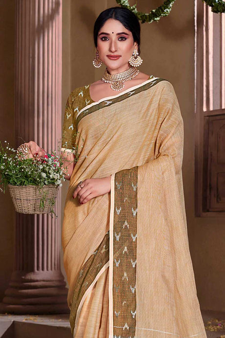 Beige Linen Solid Saree