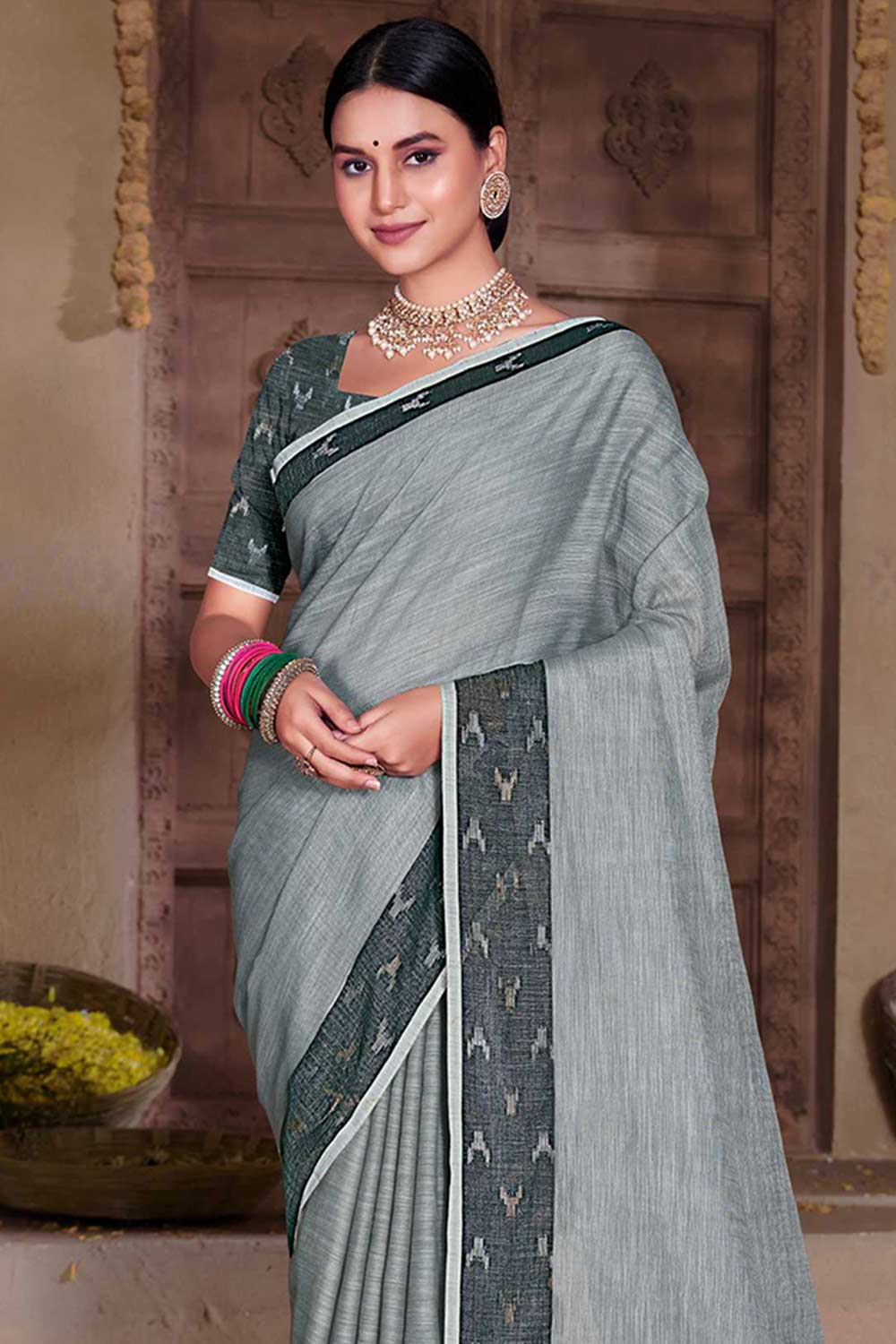 Grey Linen Solid Saree