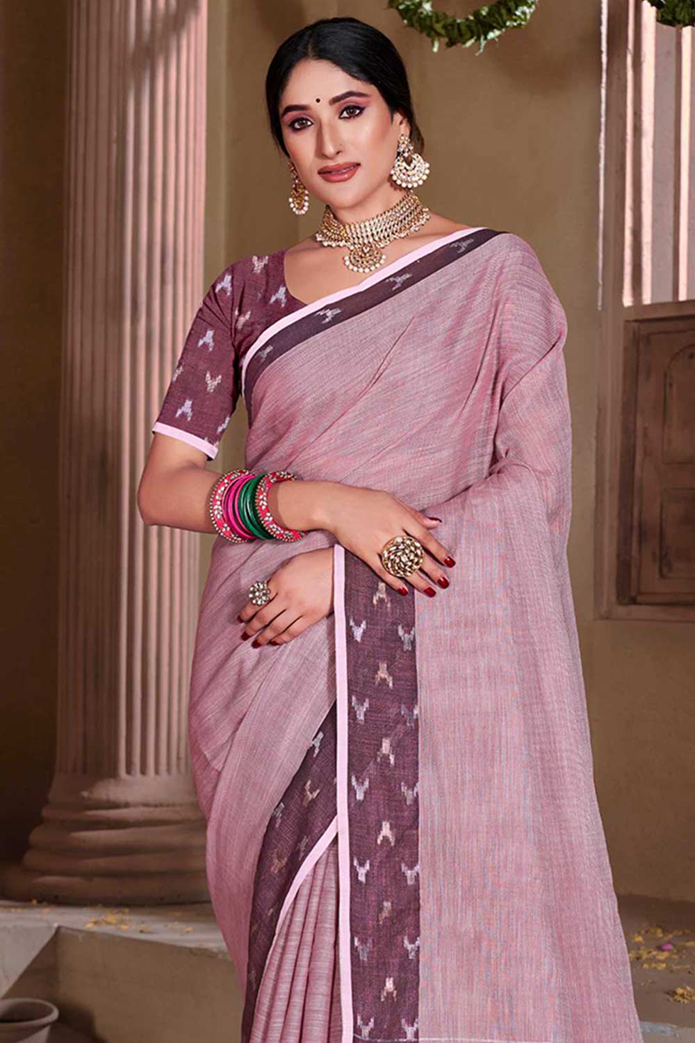 Pink Linen Solid Saree