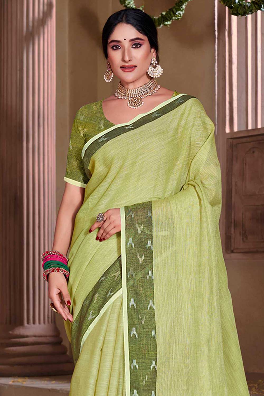 Green Linen Solid Saree