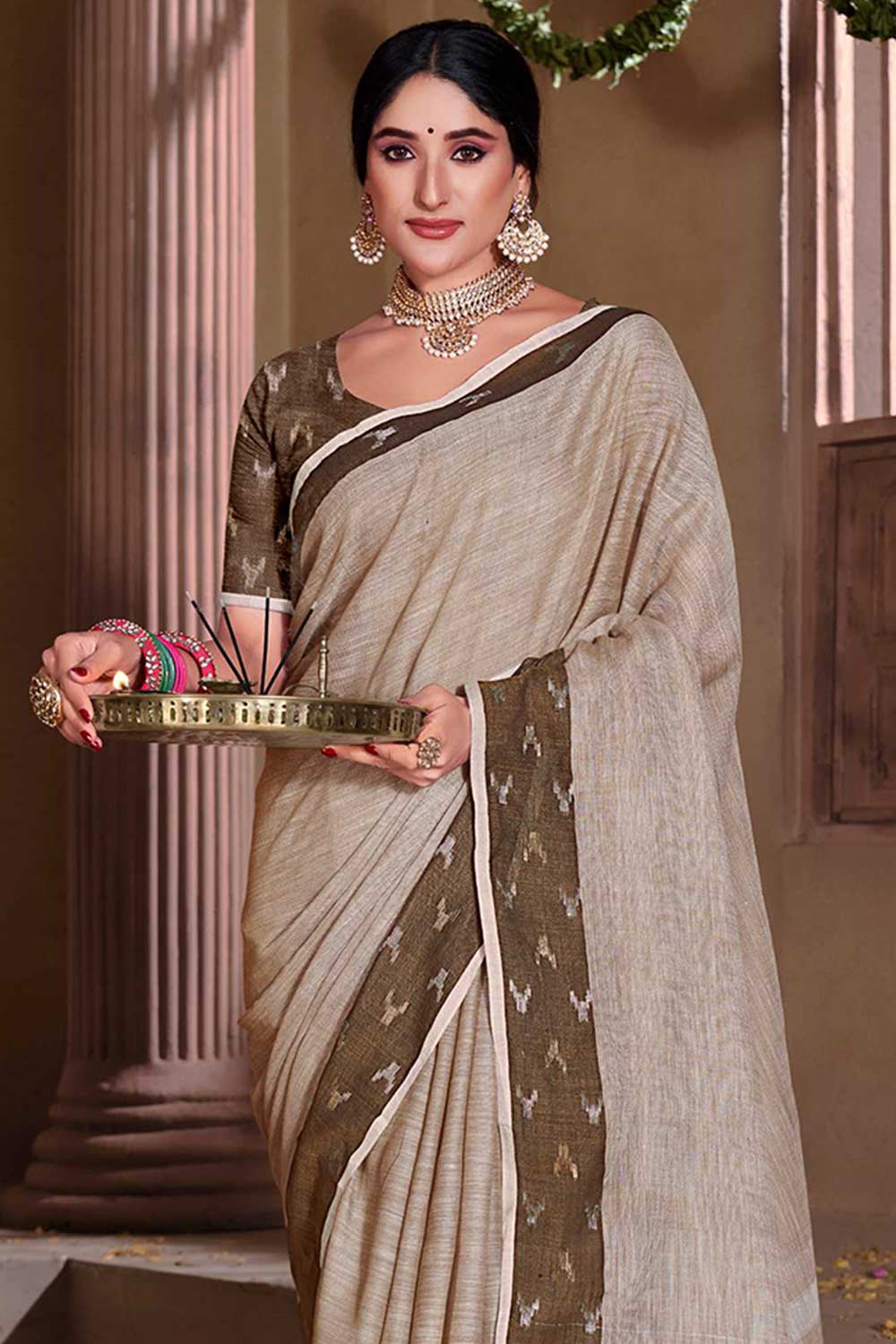 Grey Linen Solid Saree