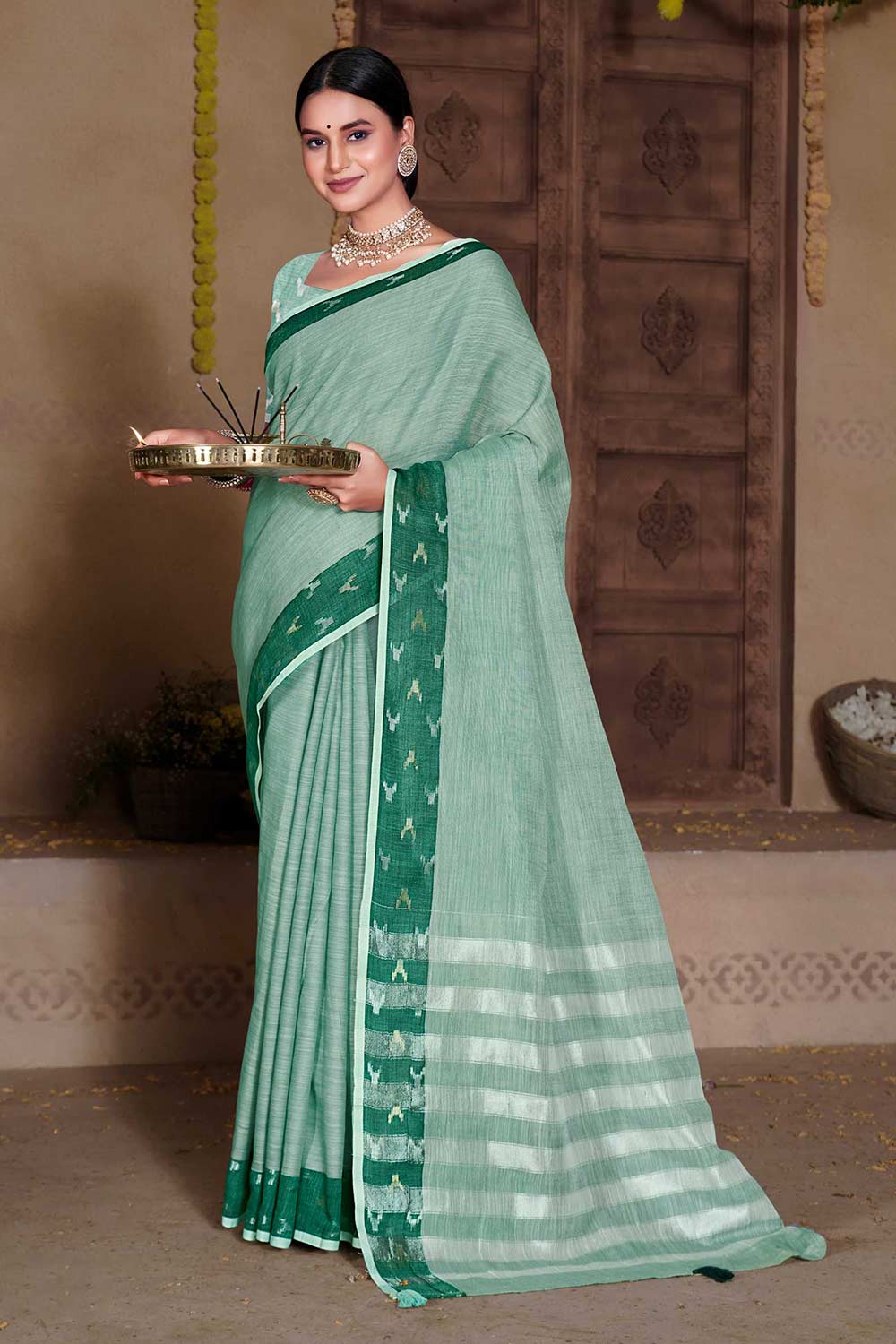 Green Linen Solid Saree