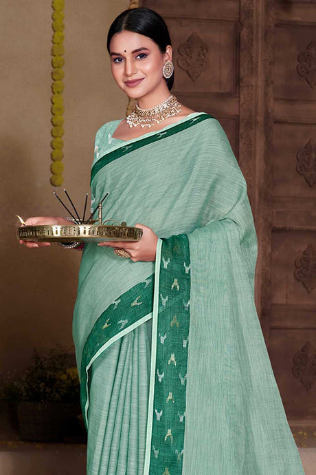 Green Linen Solid Saree