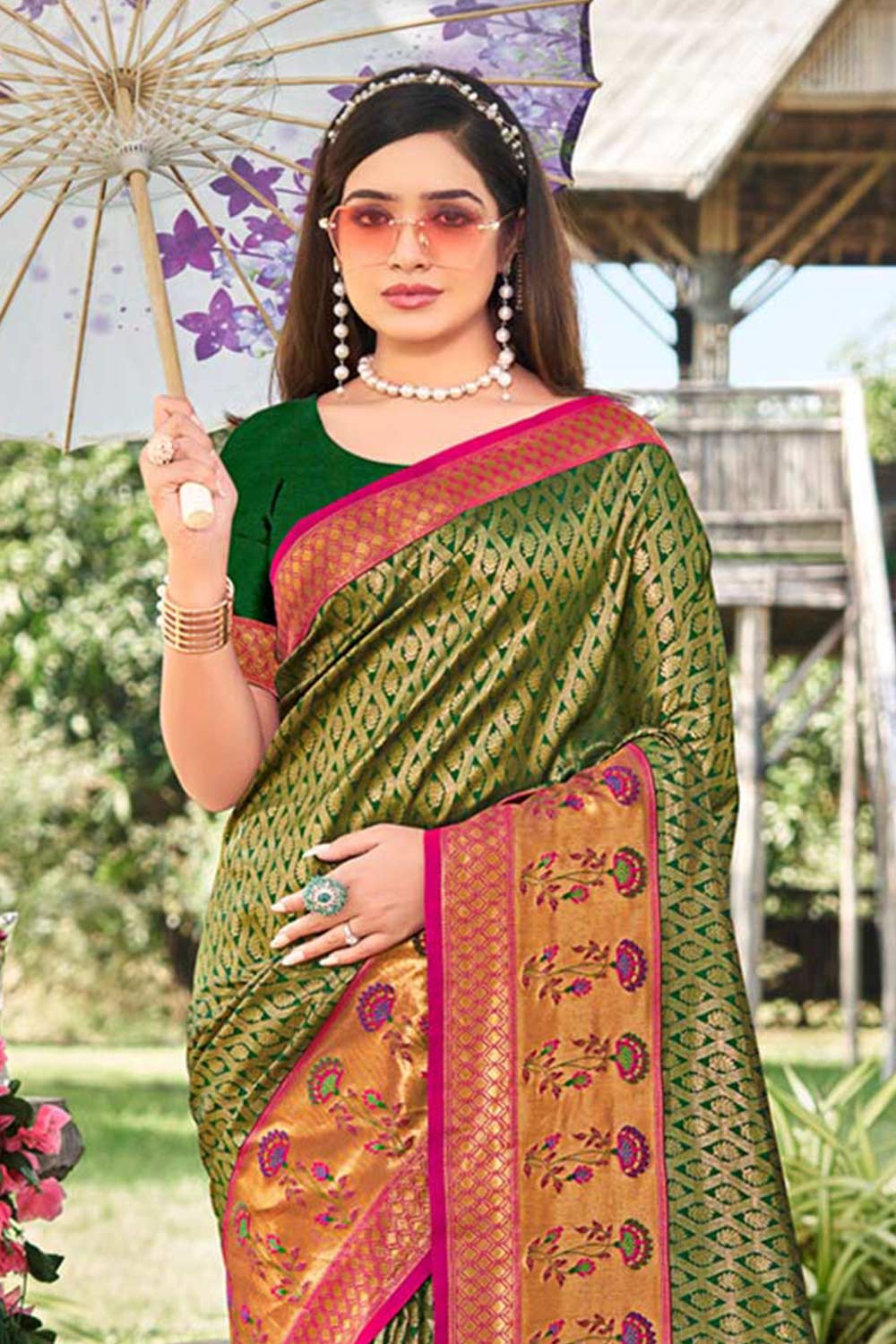 Green Banarasi Silk Floral Saree