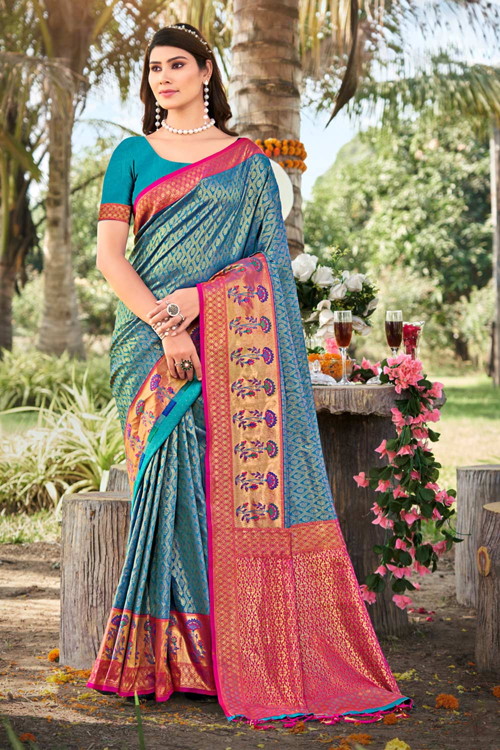 Blue Banarasi Silk Floral Saree