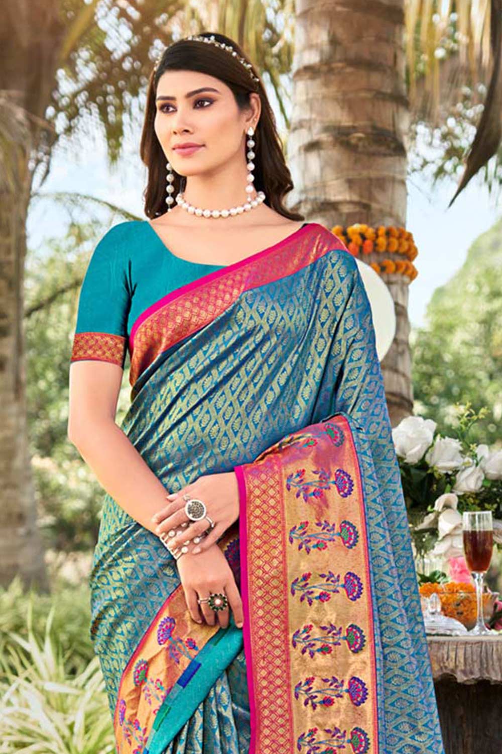 Blue Banarasi Silk Floral Saree