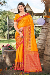 Yellow  Banarasi Silk Floral Saree