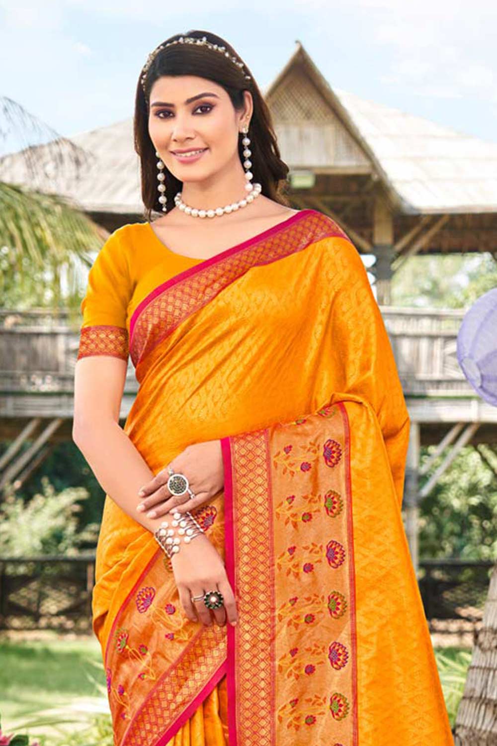 Yellow  Banarasi Silk Floral Saree