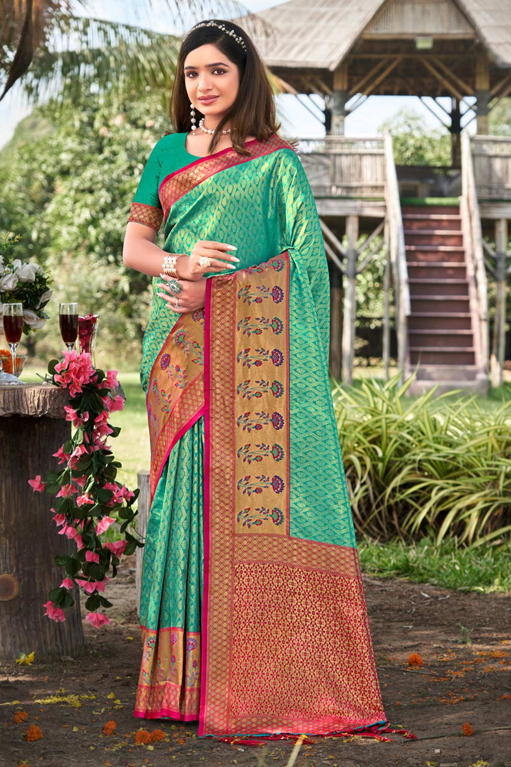 Green Banarasi Silk Floral Saree