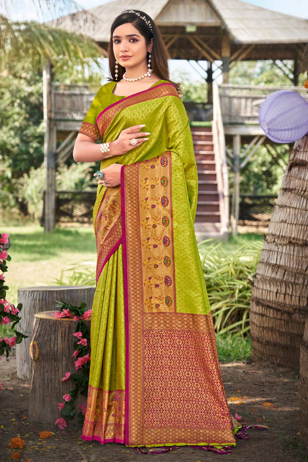 Green Banarasi Silk Floral Saree