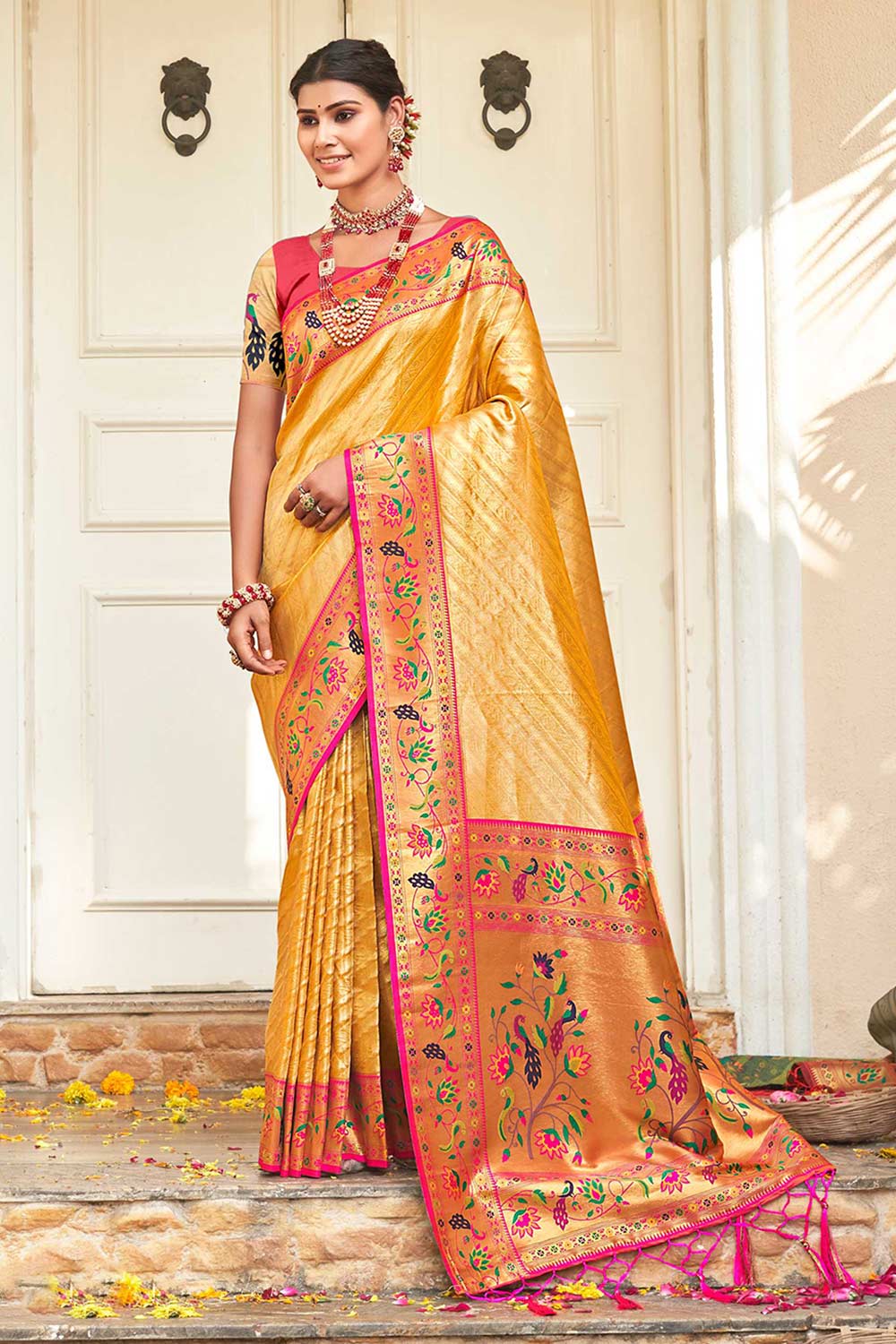 Yellow  Paithani Silk Woven Saree