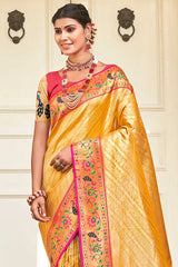 Yellow  Paithani Silk Woven Saree