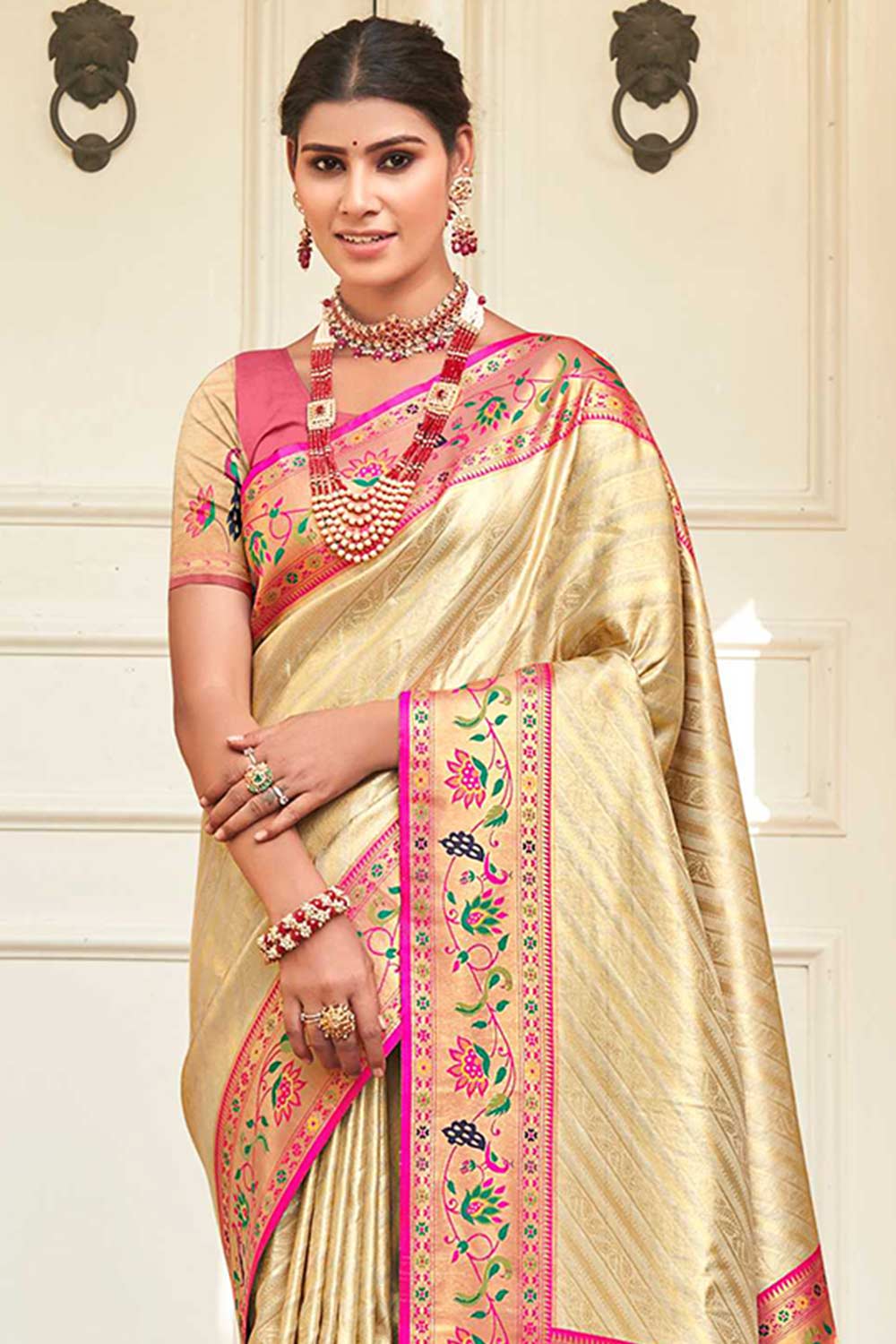 Cream Paithani Silk Woven Saree