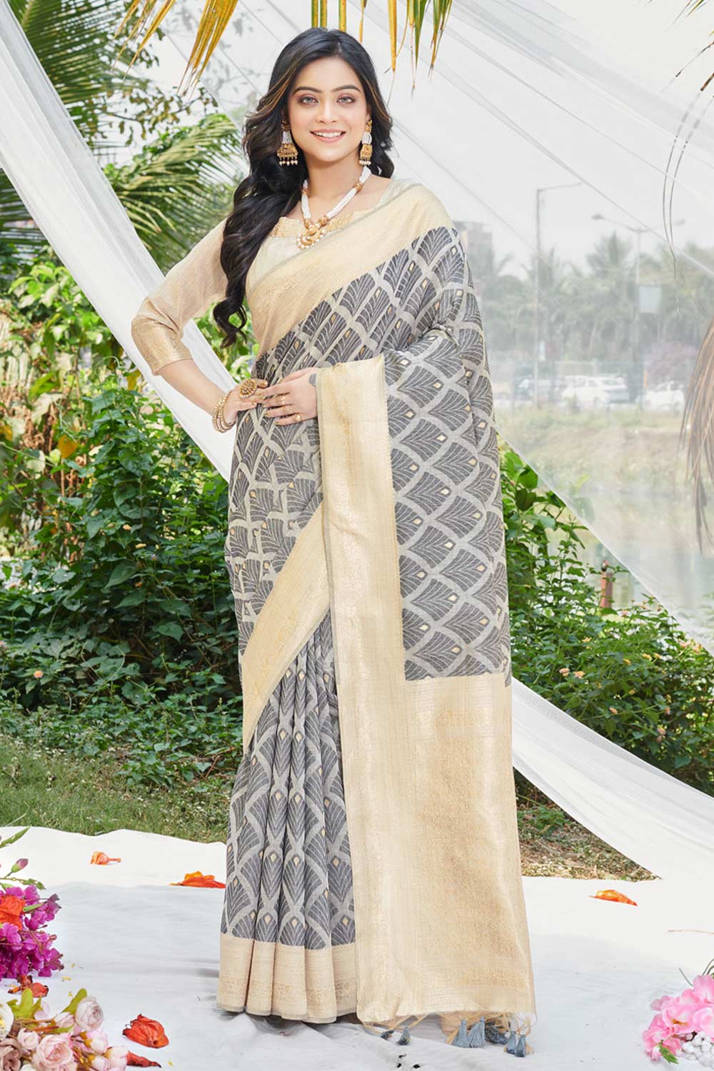 Grey Cotton Floral Saree