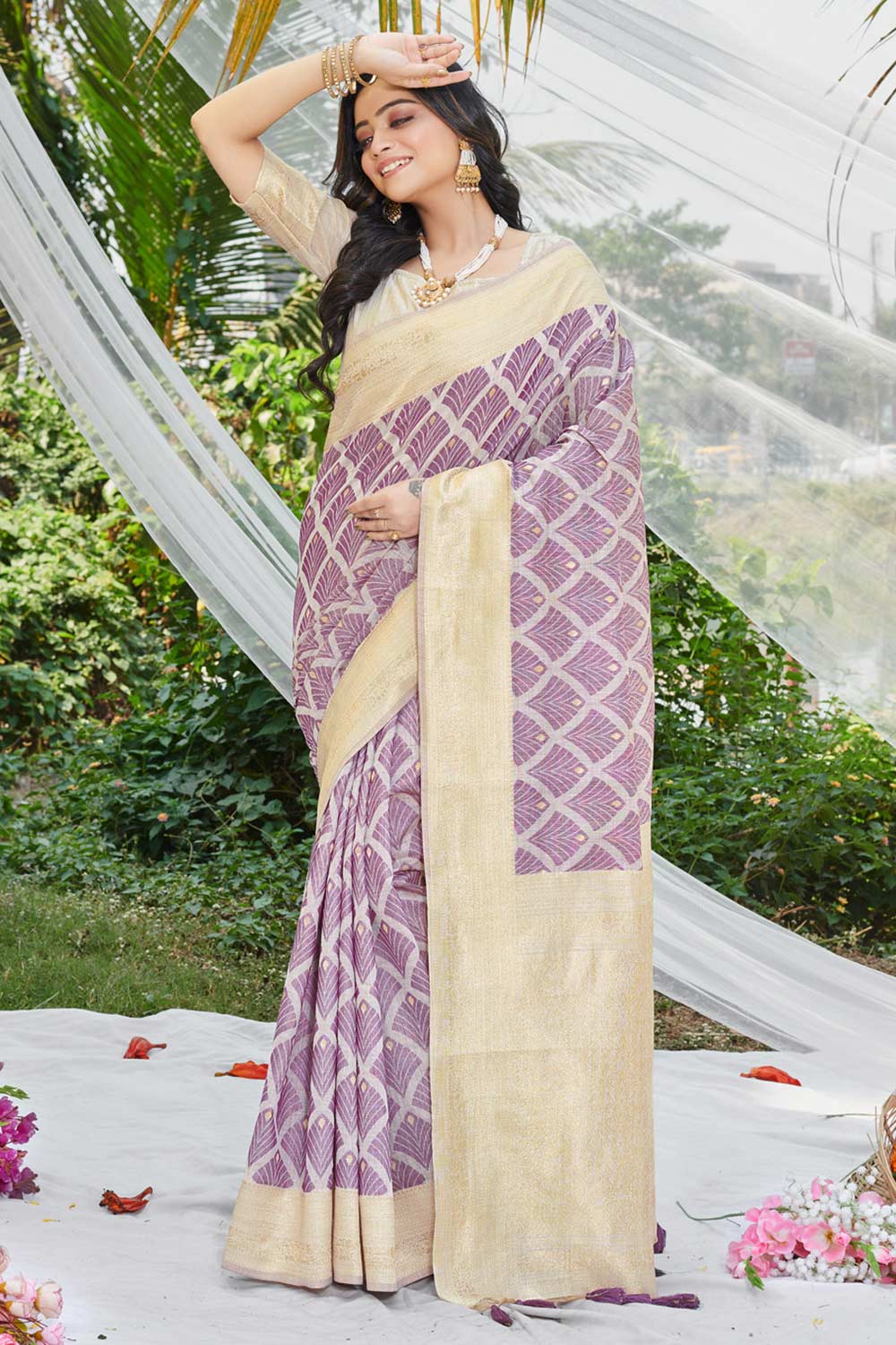 Purple Cotton Floral Saree