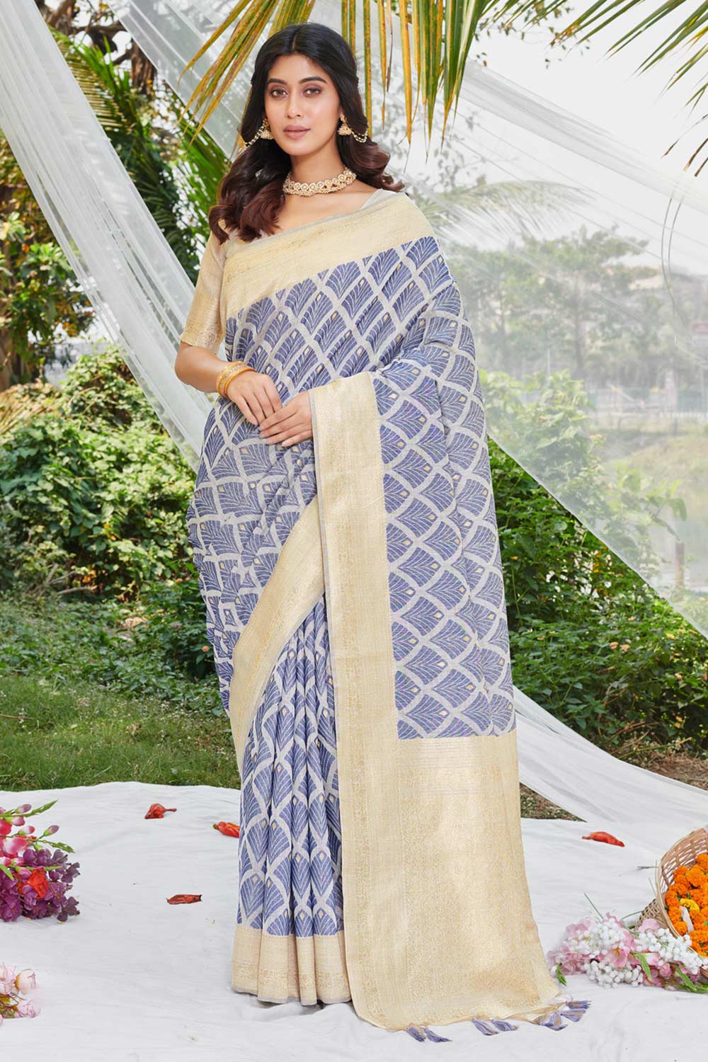 Blue Cotton Floral Saree