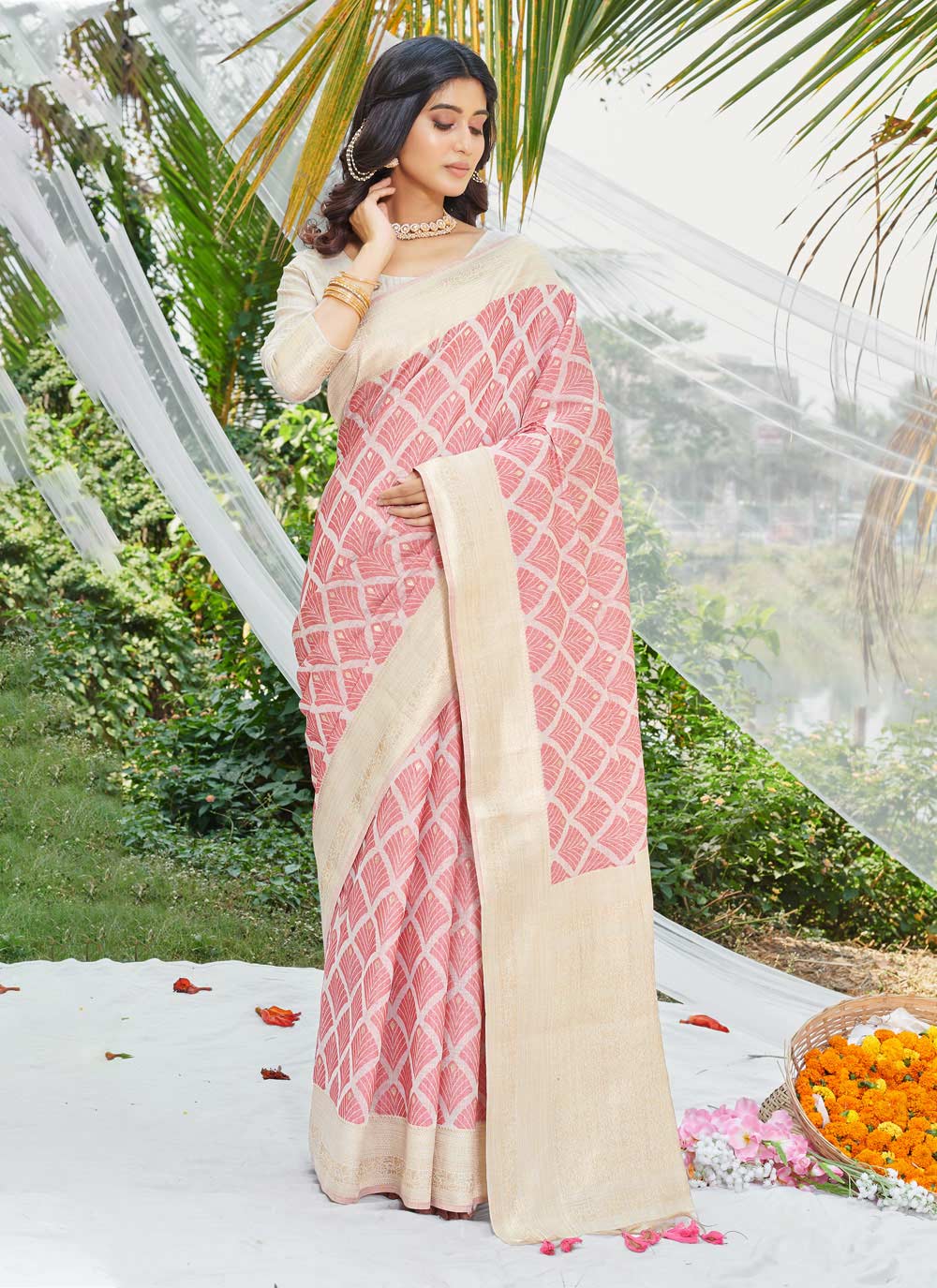 Pink Cotton Floral Saree