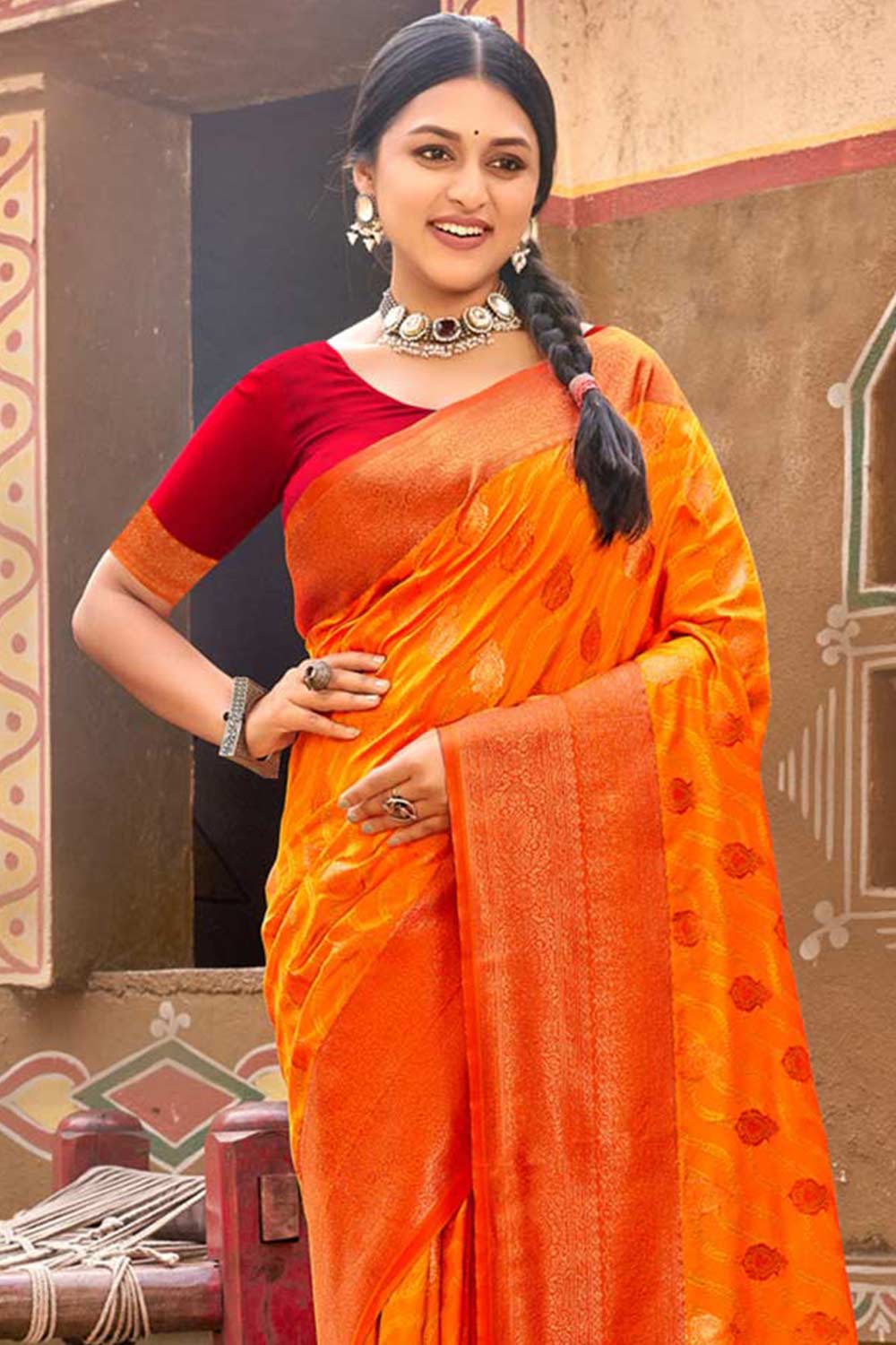 Orange Banarasi Silk Woven Saree