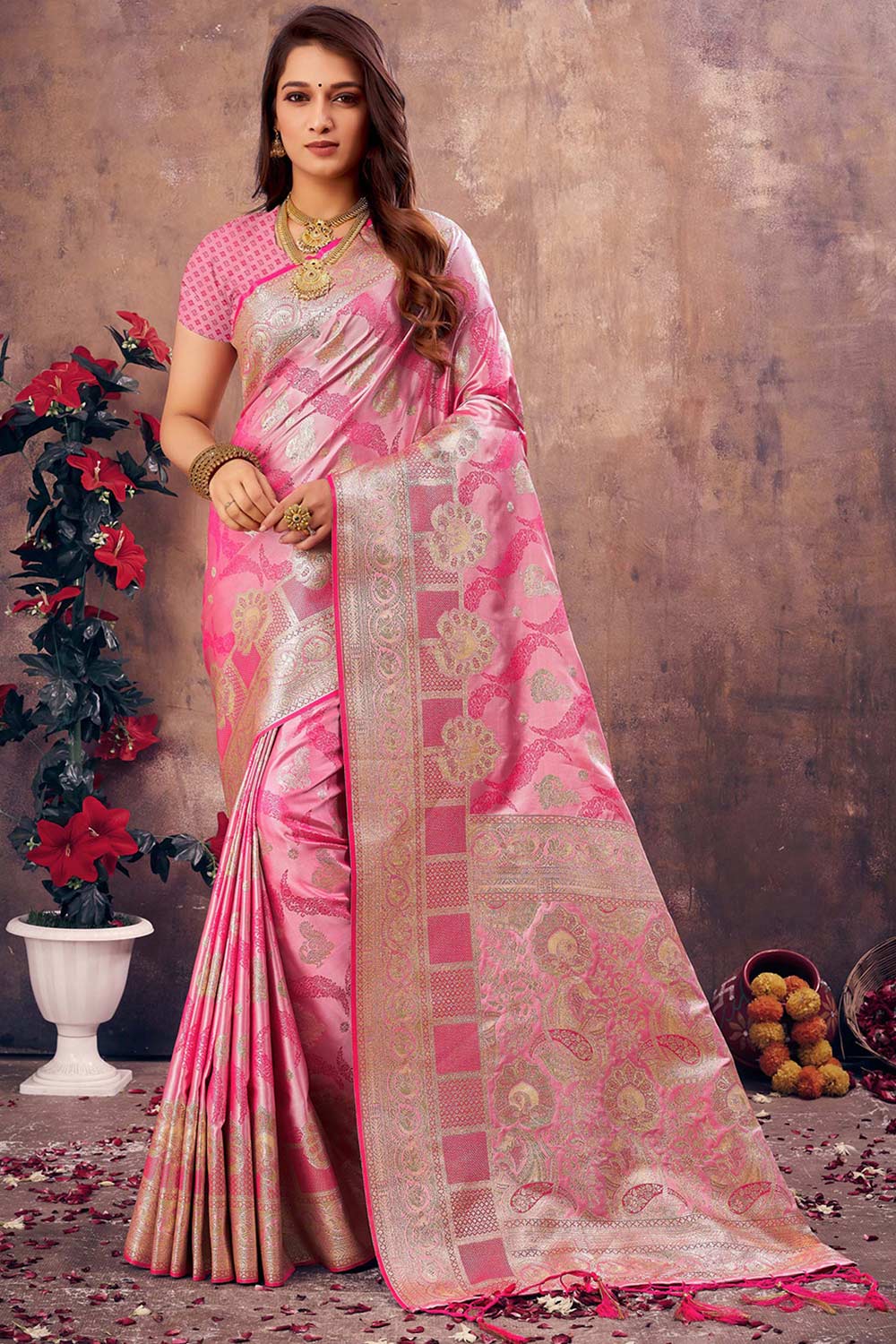 Pink South Silk Floral Saree