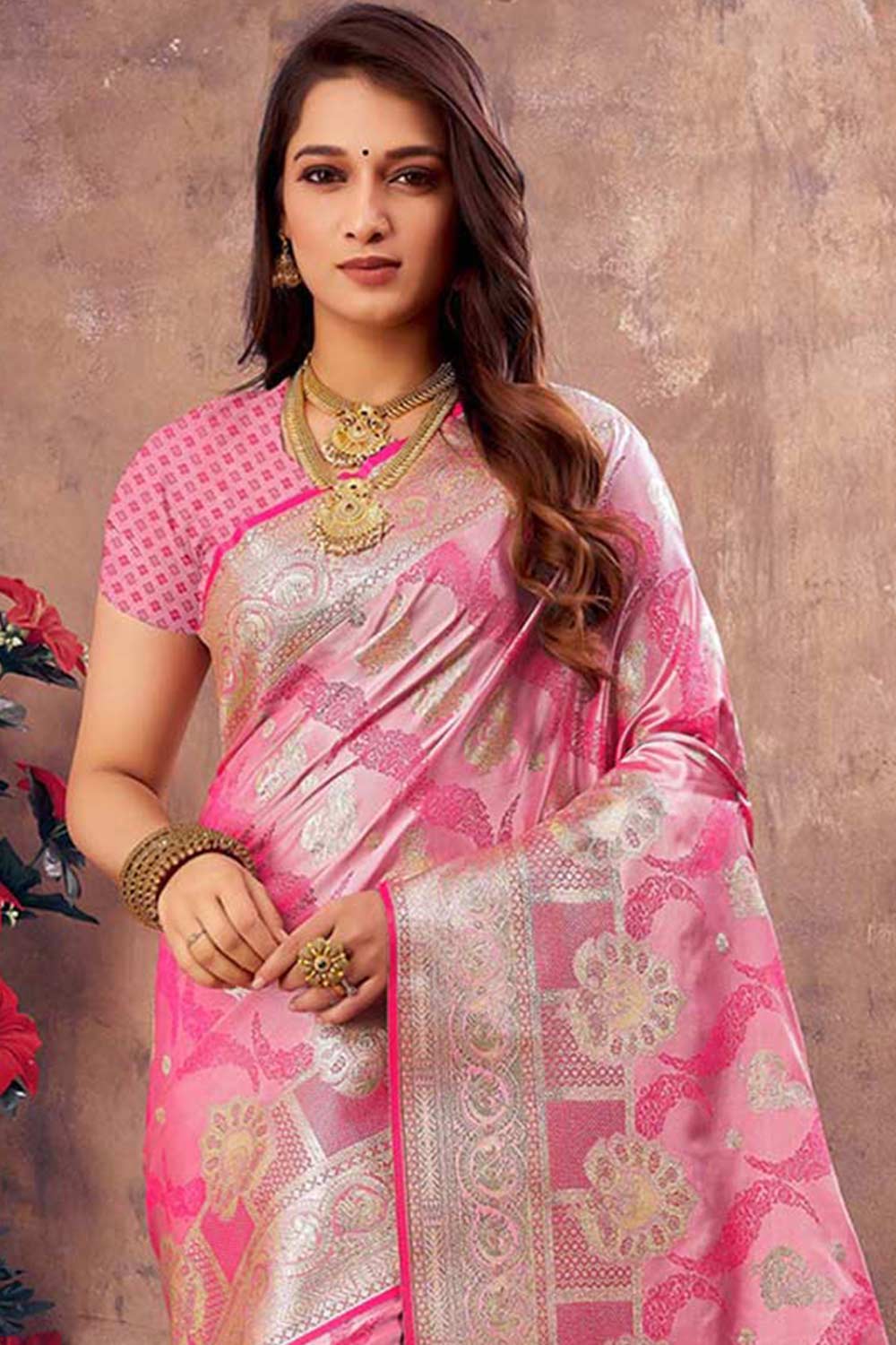 Pink South Silk Floral Saree