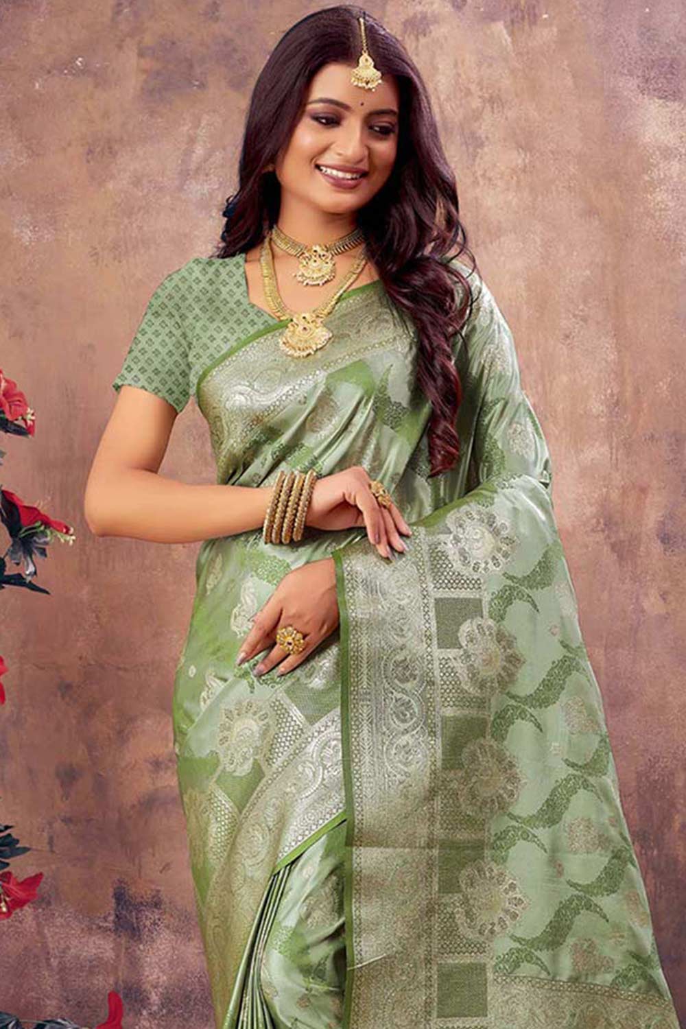 Green South Silk Floral Saree