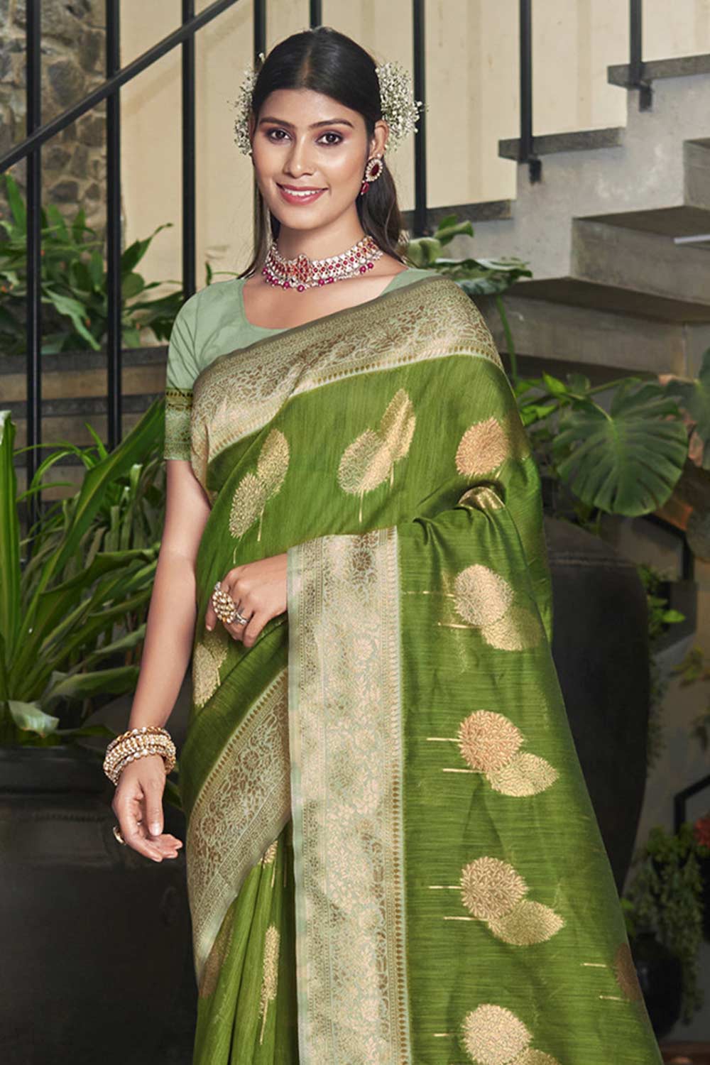 Green Cotton Woven Saree