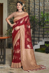 Maroon Cotton Woven Saree