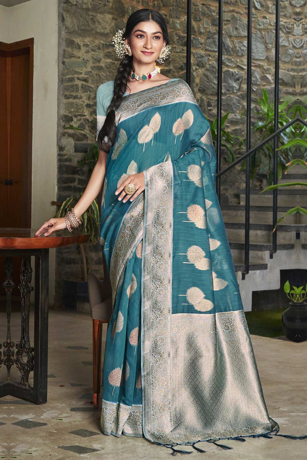 Blue Cotton Woven Saree