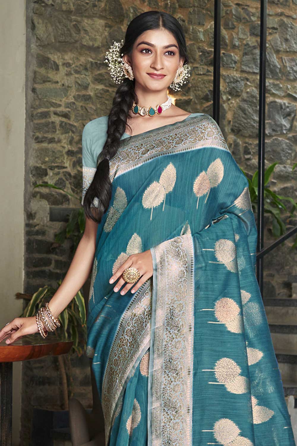 Blue Cotton Woven Saree