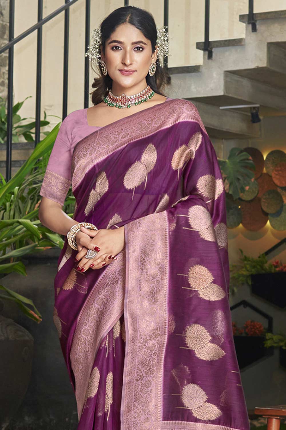 Purple Cotton Woven Saree