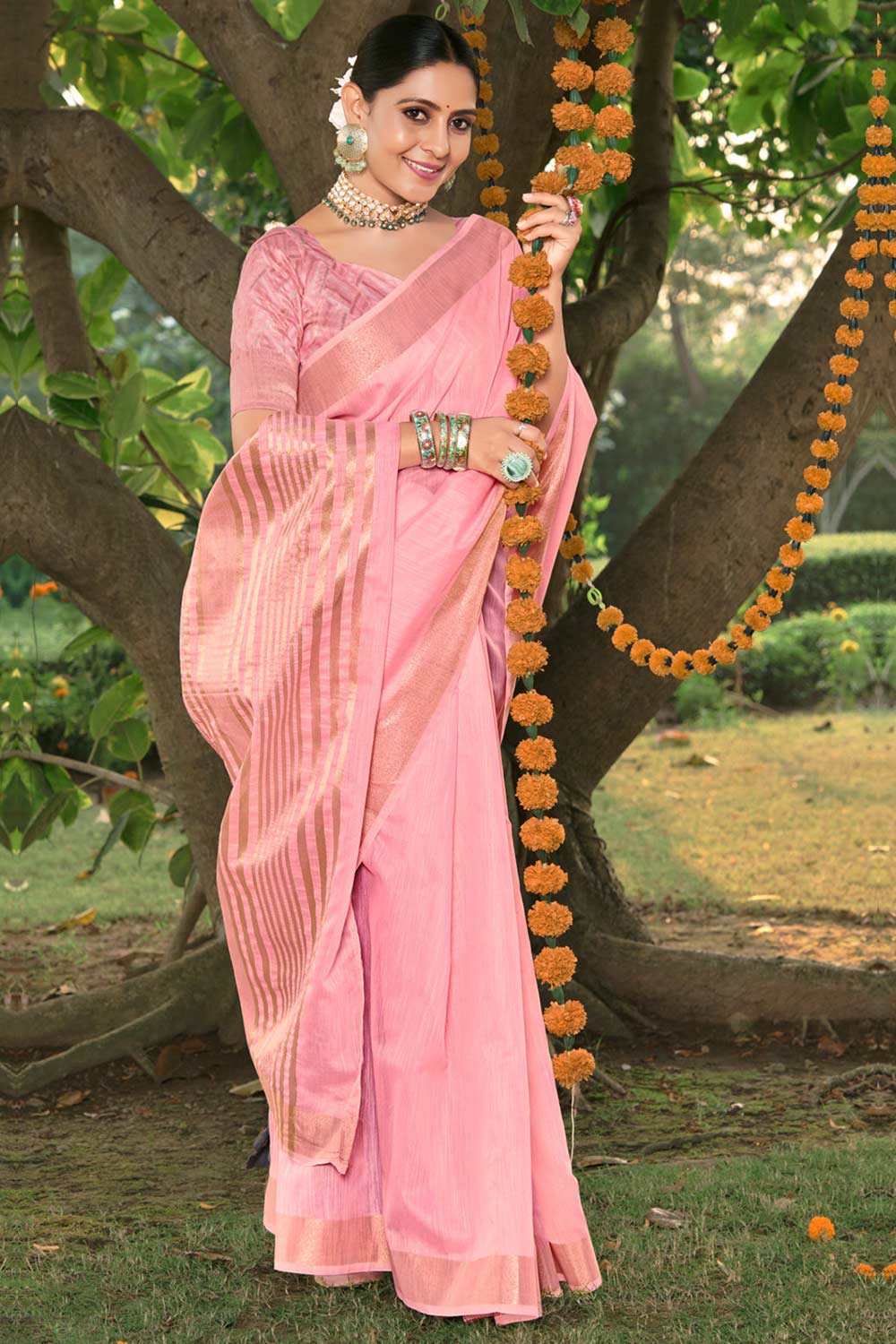 Pink Cotton Solid Saree