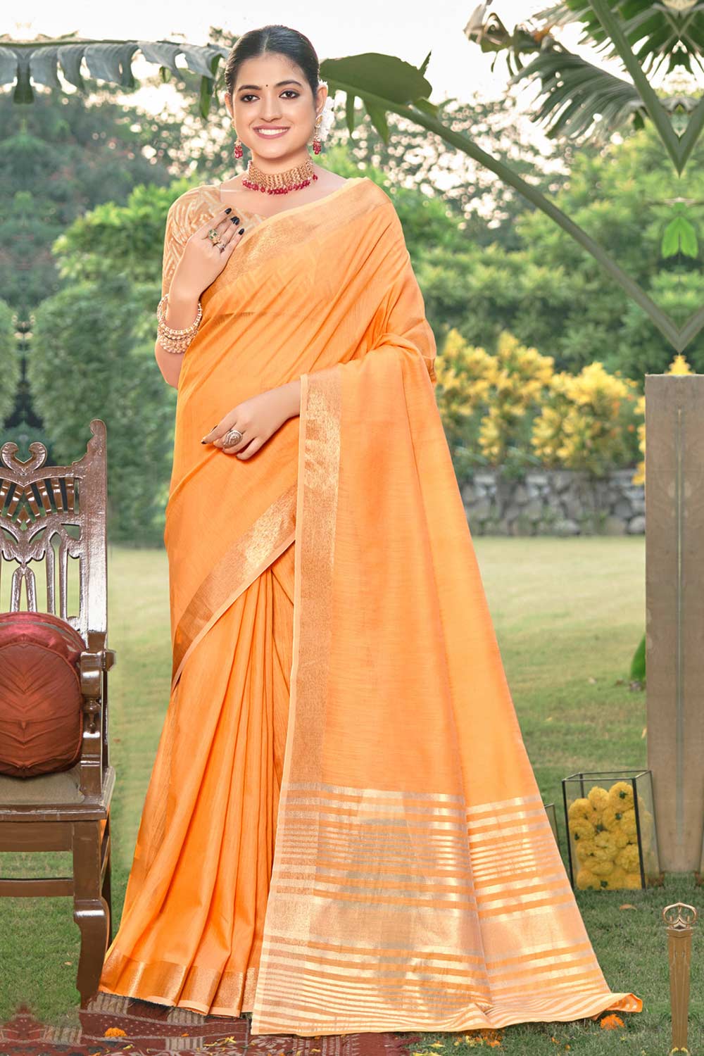 Yellow  Cotton Solid Saree