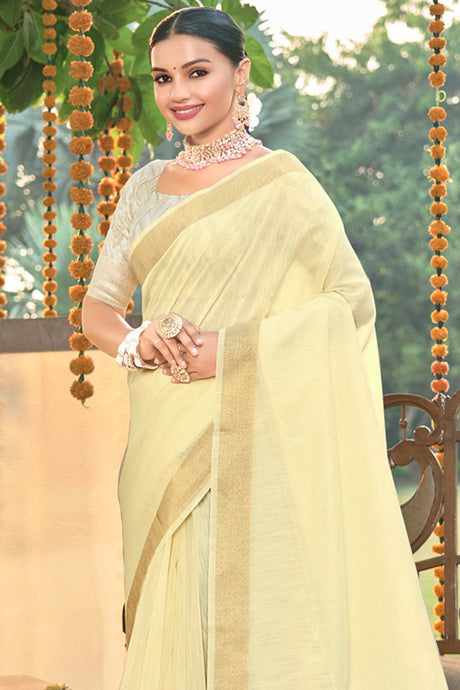 Cream Cotton Solid Saree